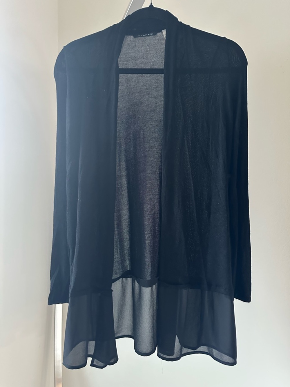 T Tahari Lightweight Black Sheer Open Cardigan